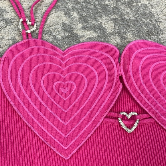 NWT Mach & Mach Heart Accented Rib Knit Sheath Mini Dress Fuchsia Pink Sz L - Picture 11 of 15